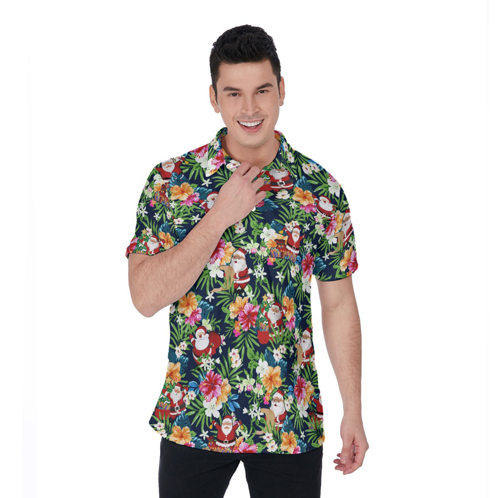 Floral Christmas Santa Claus Hawaiian Polo Shirt - variant image 1