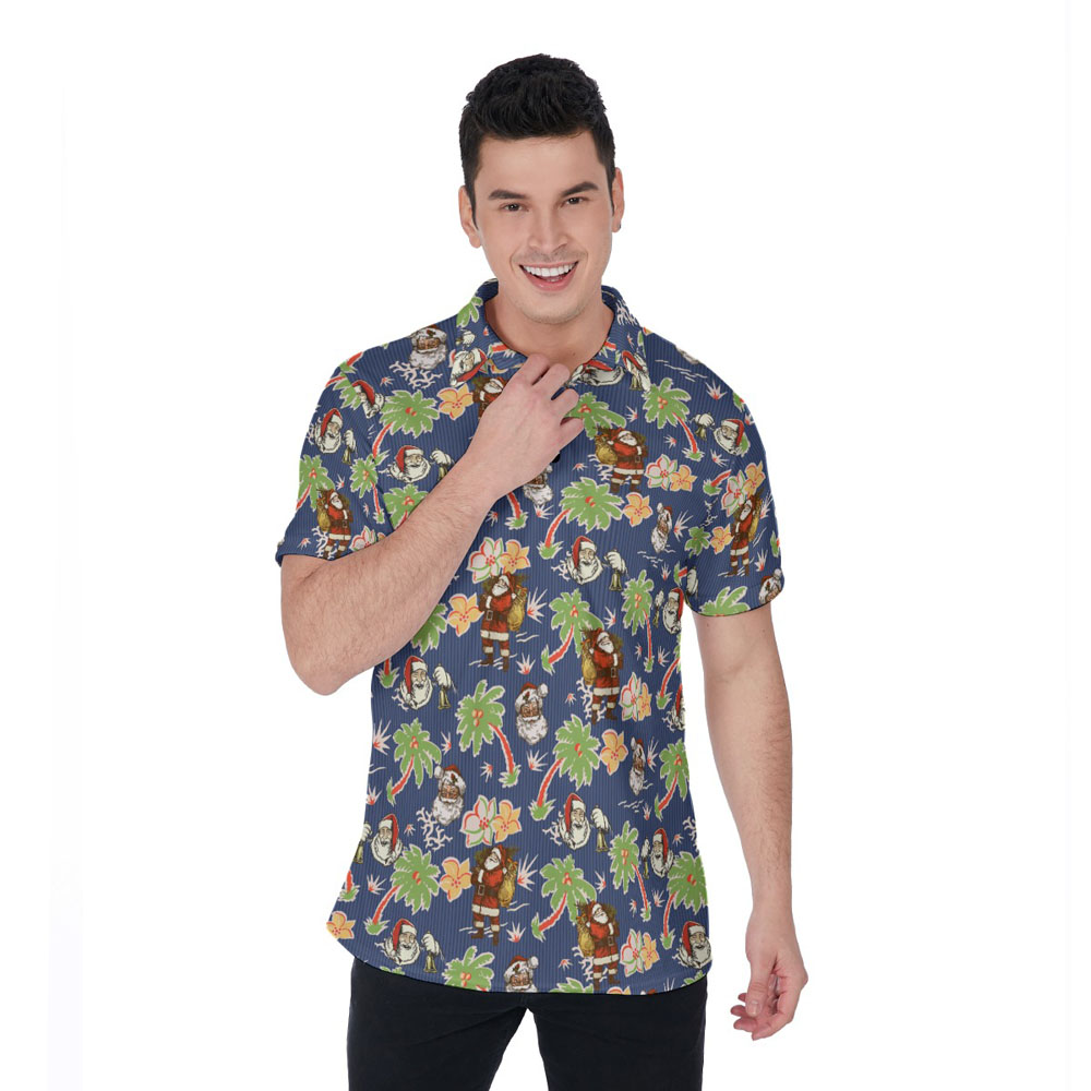 Retro Santa Claus Palm Tree Navy Hawaiian Polo Shirt - variant image 1