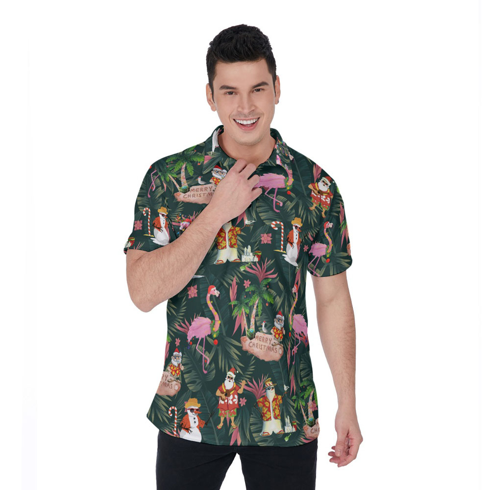 Tropical Santa Claus Christmas Flamingo Hawaiian Polo Shirt - variant image 1