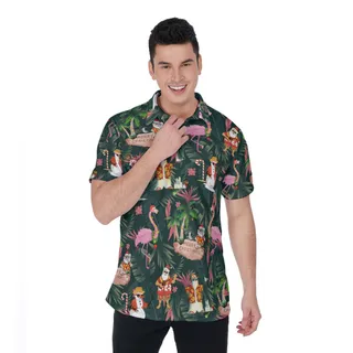 Tropical Santa Claus Christmas Flamingo Hawaiian Polo Shirt