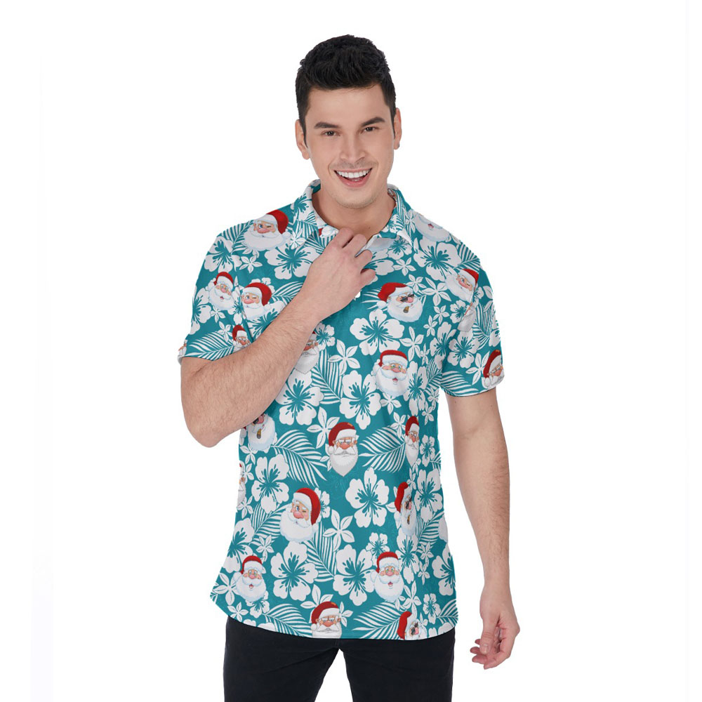 Classic Christmas Santa Claus Blue Hibiscus Hawaiian Polo Shirt - variant image 1