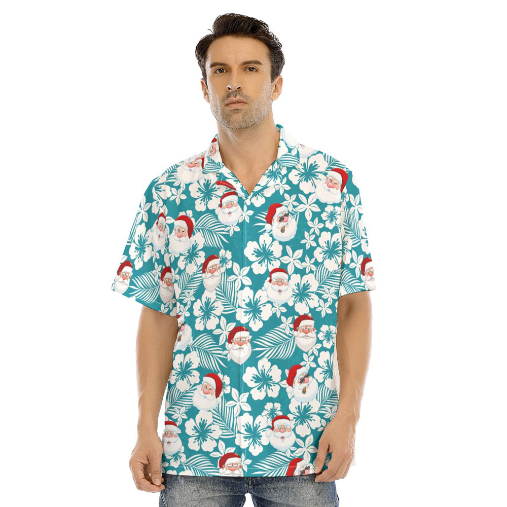 Blue Hibiscus Christmas Santa Hawaiian Shirt - variant image 1