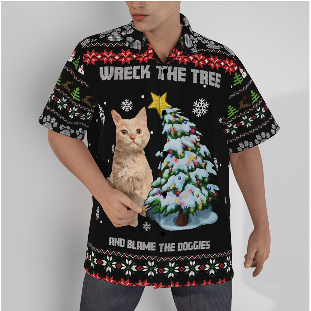 Custom Cat Face Wreck The Tree And Blame The Doggies Ugly Christmas Hawaiian Shirt - variant image 1