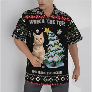 Custom Cat Face Wreck The Tree And Blame The Doggies Ugly Christmas Hawaiian Shirt