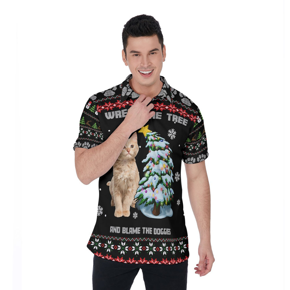 Wreck The Tree And Blame The Doggies Custom Cat Face Ugly Hawaiian Polo Shirt - variant image 1