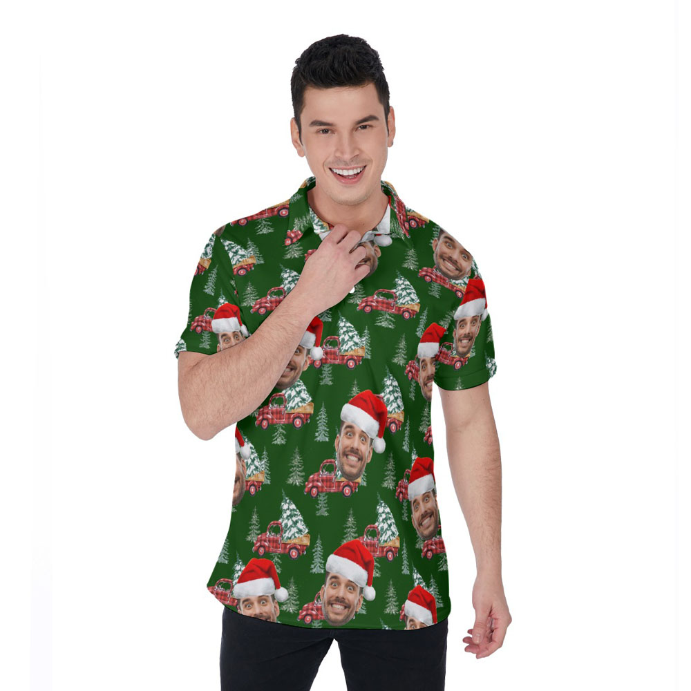 Classic Christmas Car Green Hawaiian Polo Shirt With Custom Face - variant image 1