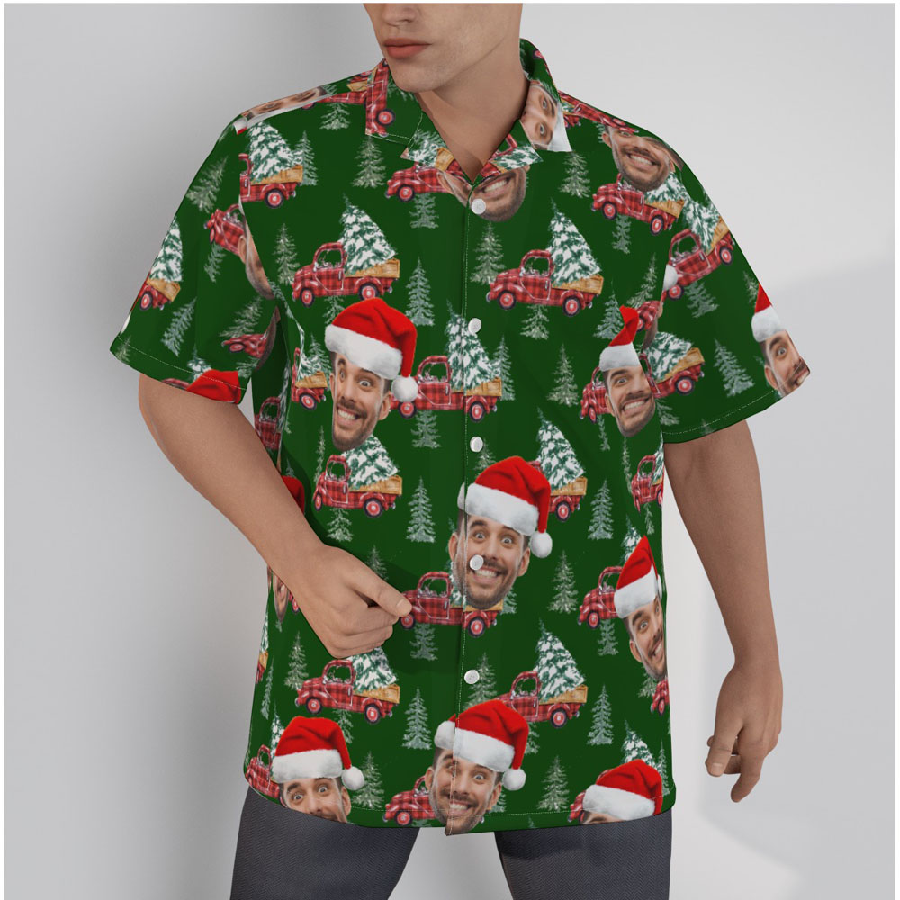 Funny Custom Face Christmas Car Green Hawaiian Shirt - variant image 1