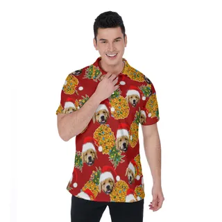 Funny Custom Dog Face Pineapple Christmas Hawaiian Polo Shirt
