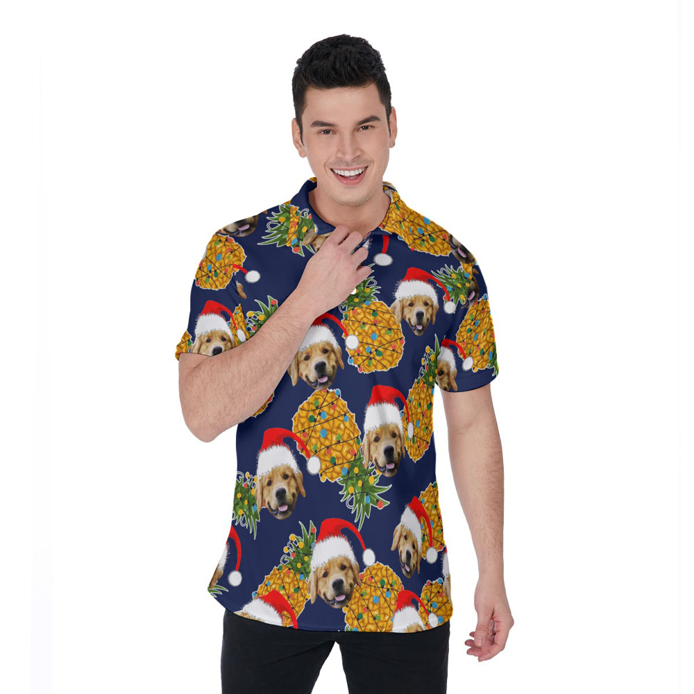 Christmas Pineapple Navy Hawaiian Polo Golf Shirt With Custom Dog Face - variant image 1