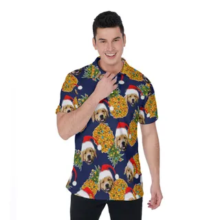Christmas Pineapple Navy Hawaiian Polo Golf Shirt With Custom Dog Face