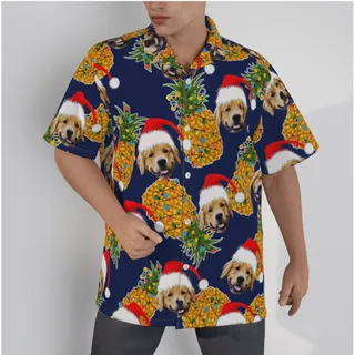 Christmas Pineapple Navy Hawaiian Shirt With Custom Dog Face