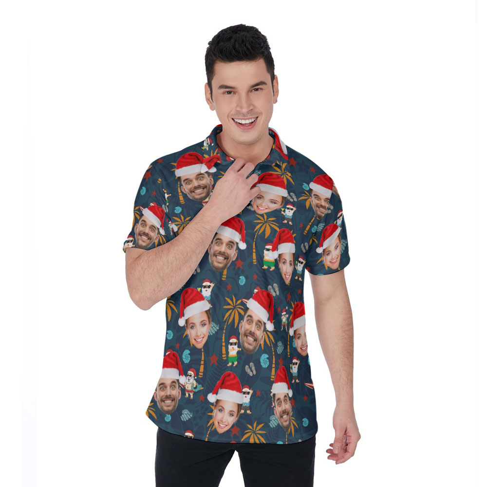 Christmas Santa Vacation Navy Hawaiian Polo Shirt With Custom Face - variant image 1