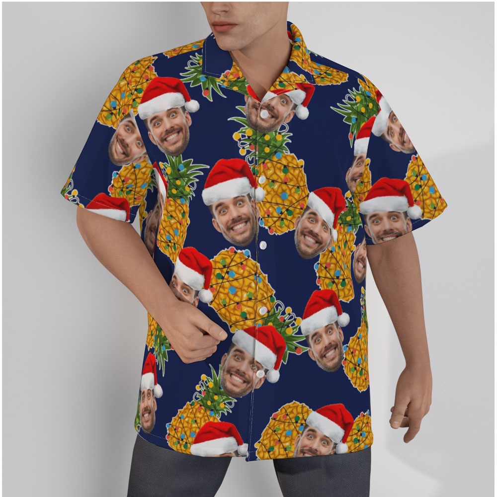 Mele Kalikimaka Pineapple Custom Face Christmas Navy Hawaiian Shirt - variant image 1