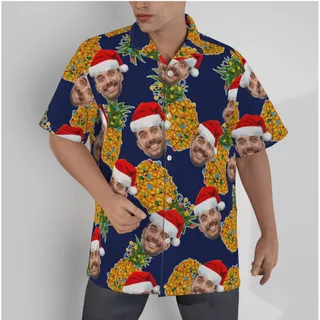 Mele Kalikimaka Pineapple Custom Face Christmas Navy Hawaiian Shirt