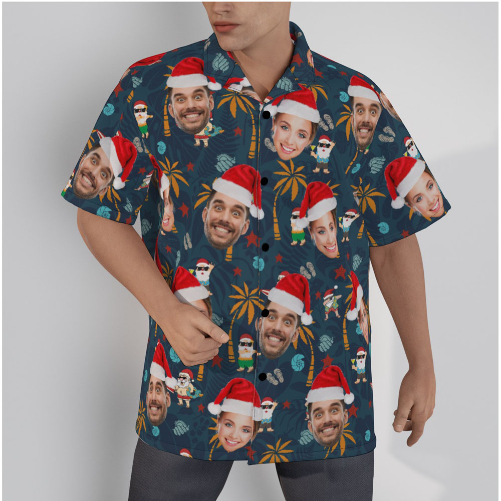 Christmas Santa On Vacation Navy Hawaiian Shirt With Custom Face - variant image 1