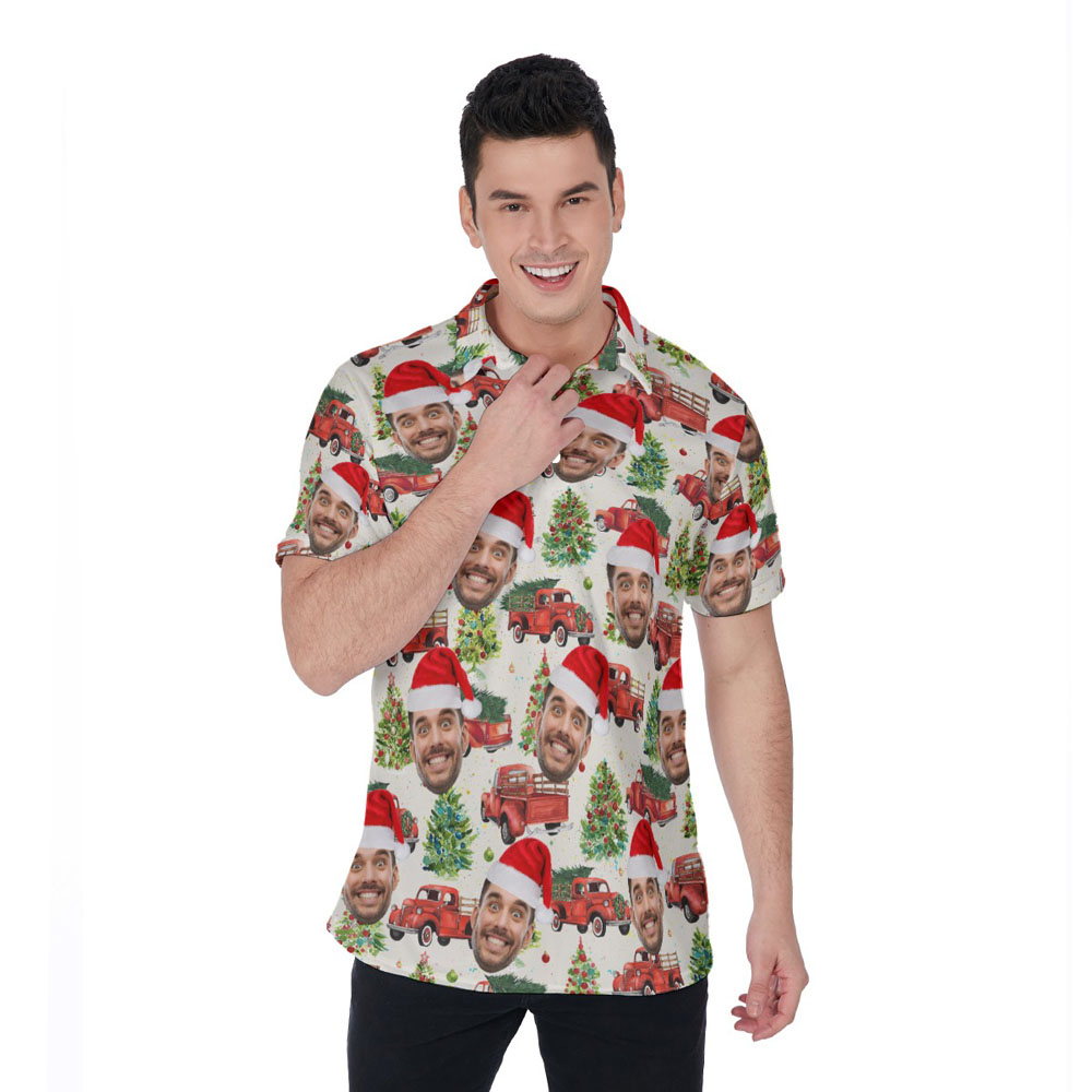 Funny Christmas Car Hawaiian Polo Shirt With Custom Face - variant image 1