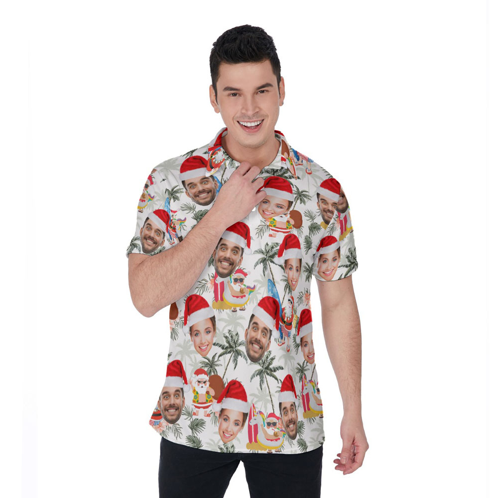 Funny Summer Santa Claus Christmas Hawaiian Polo Shirt With Custom Face - variant image 1