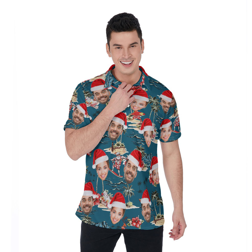 Custom Face Vintage Santa Surfing Summer Navy Hawaiian Polo Shirt - variant image 1