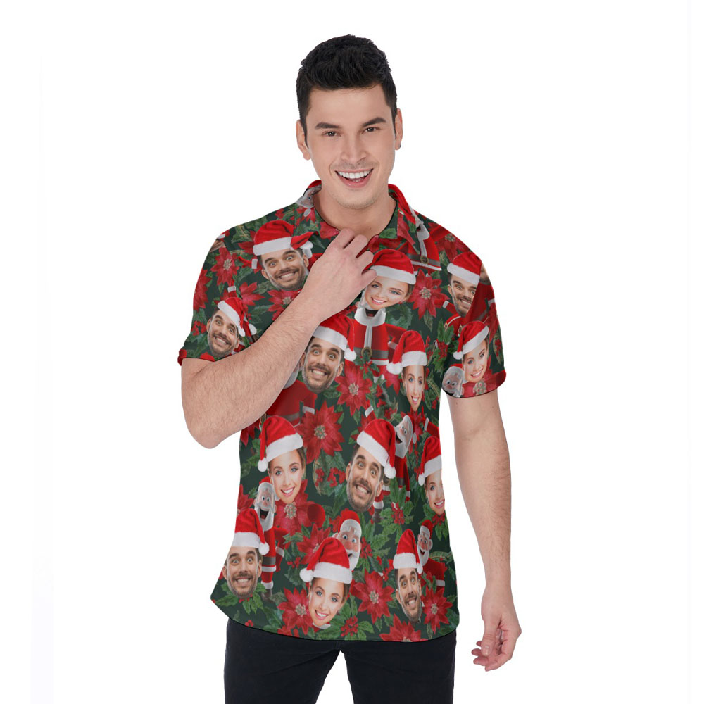 Poinsettia Santa Claus Floral Hawaiian Christmas Polo Shirt - variant image 1