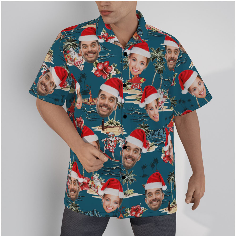 Vintage Summer Santa Claus Navy Hawaiian Shirt With Custom Face - variant image 1
