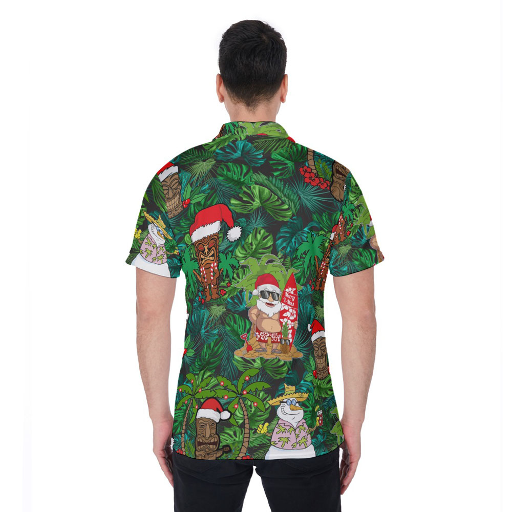 Funny Christmas Tiki Santa Claus Tropical Hawaiian Polo Shirt