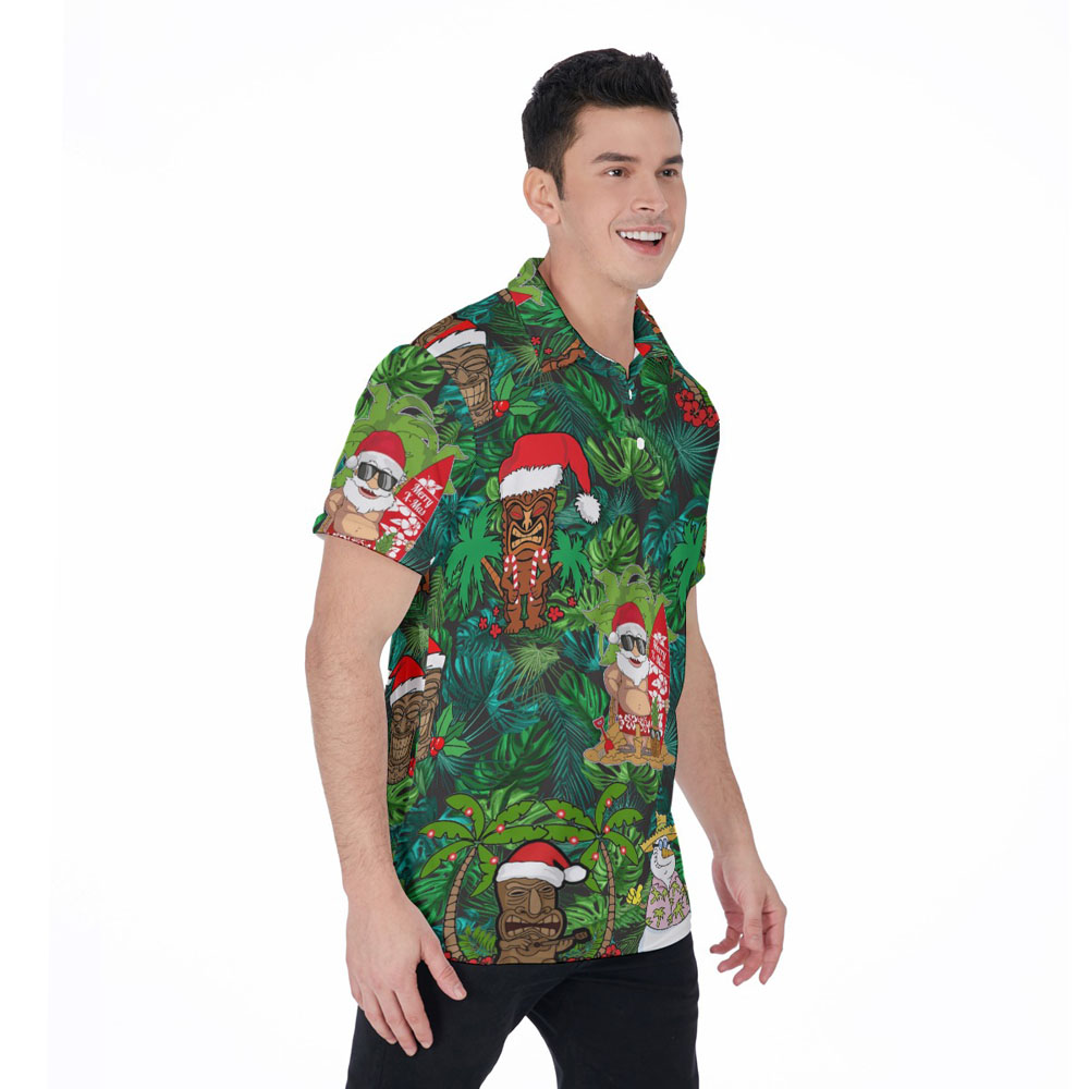 Funny Christmas Tiki Santa Claus Tropical Hawaiian Polo Shirt