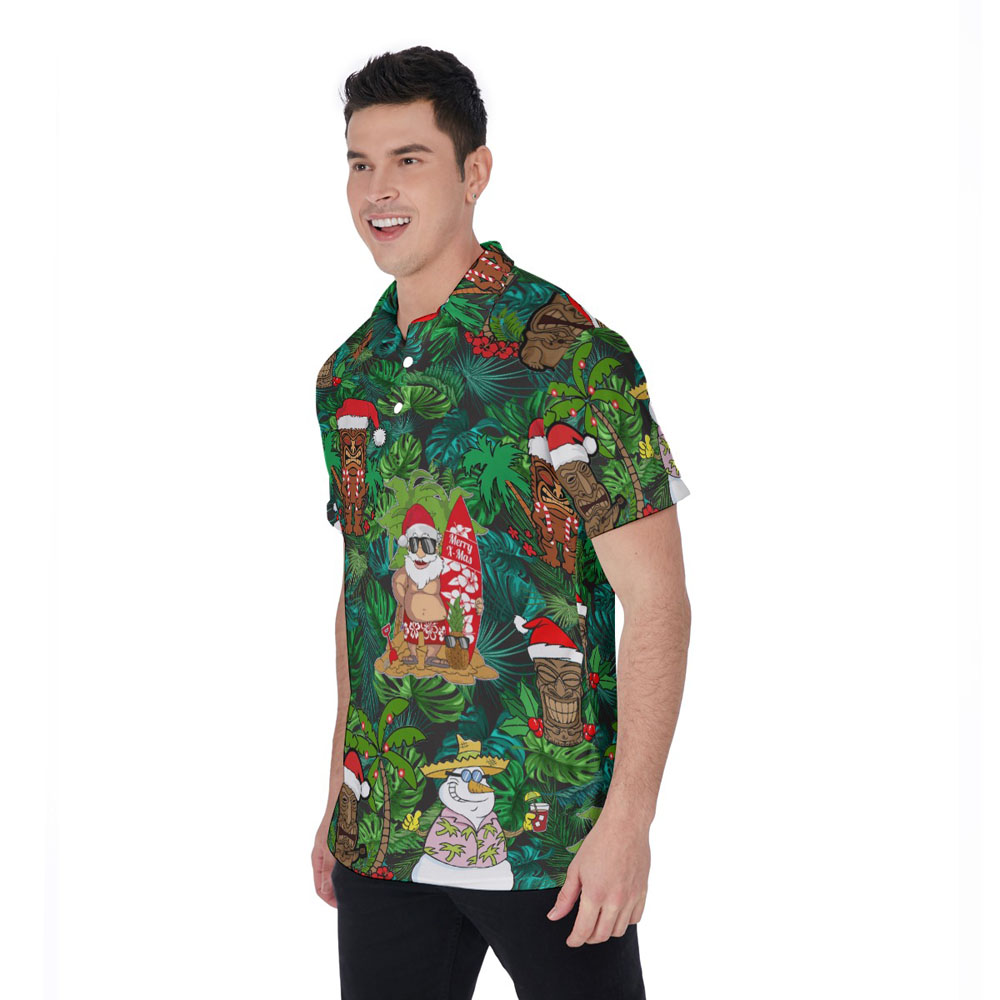 Funny Christmas Tiki Santa Claus Tropical Hawaiian Polo Shirt