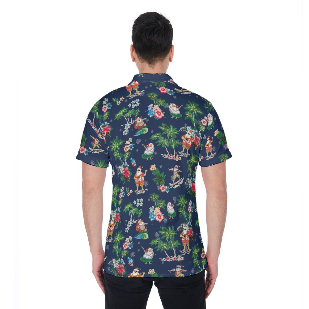 Classic Santa Claus Christmas Tropical Navy Hawaiian Polo Golf Shirt