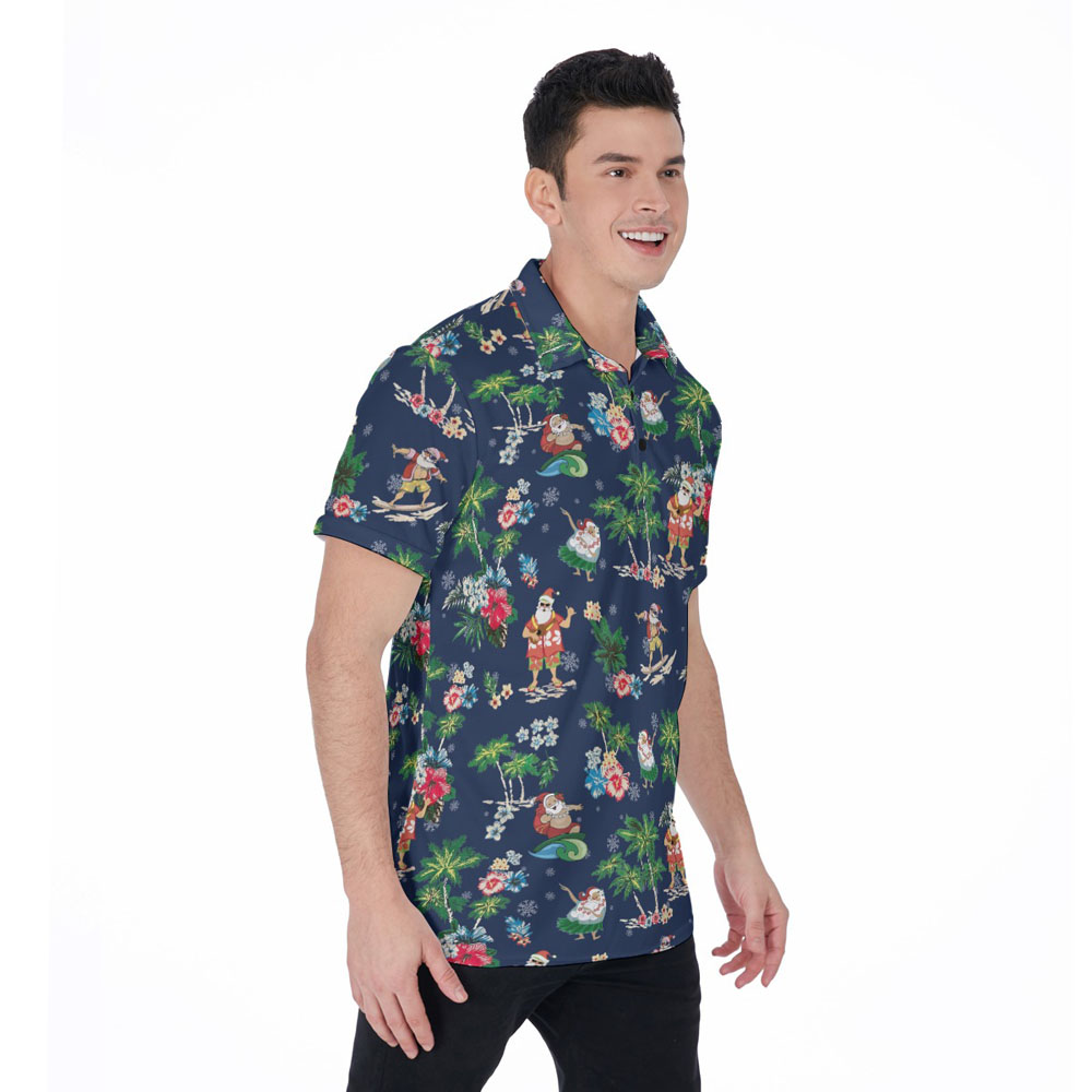 Classic Santa Claus Christmas Tropical Navy Hawaiian Polo Golf Shirt