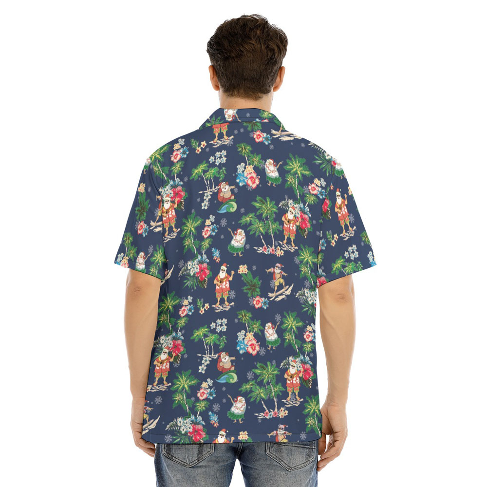 Summer Santa Claus Tropical Palm Tree Navy Hawaiian Shirt