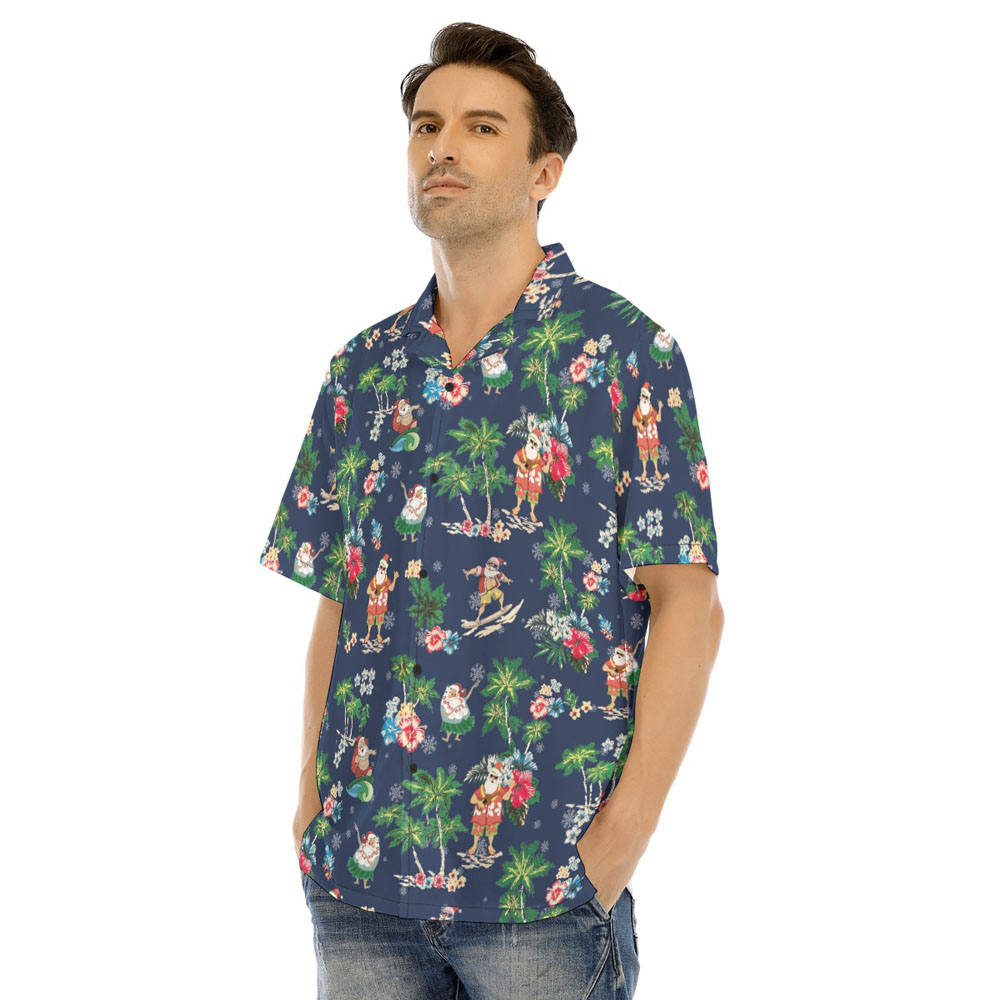 Summer Santa Claus Tropical Palm Tree Navy Hawaiian Shirt