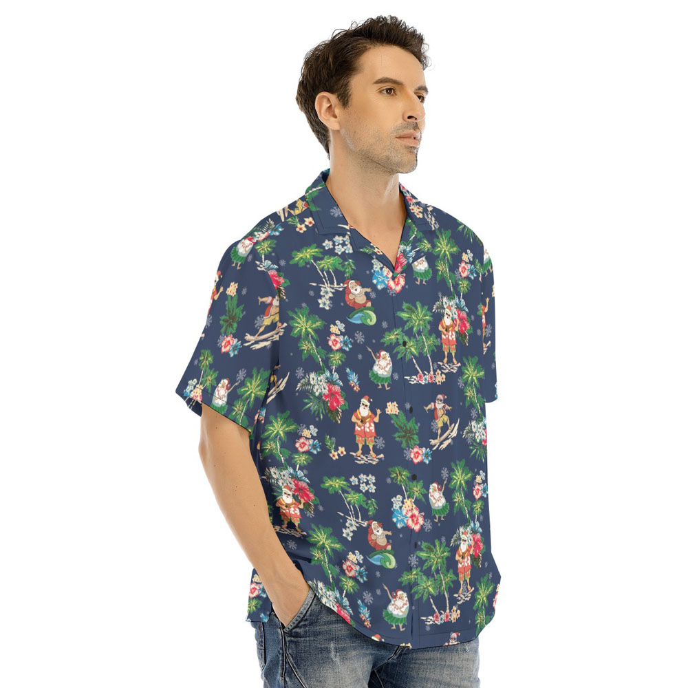 Summer Santa Claus Tropical Palm Tree Navy Hawaiian Shirt