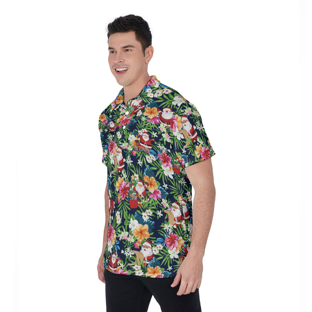 Floral Christmas Santa Claus Hawaiian Polo Shirt