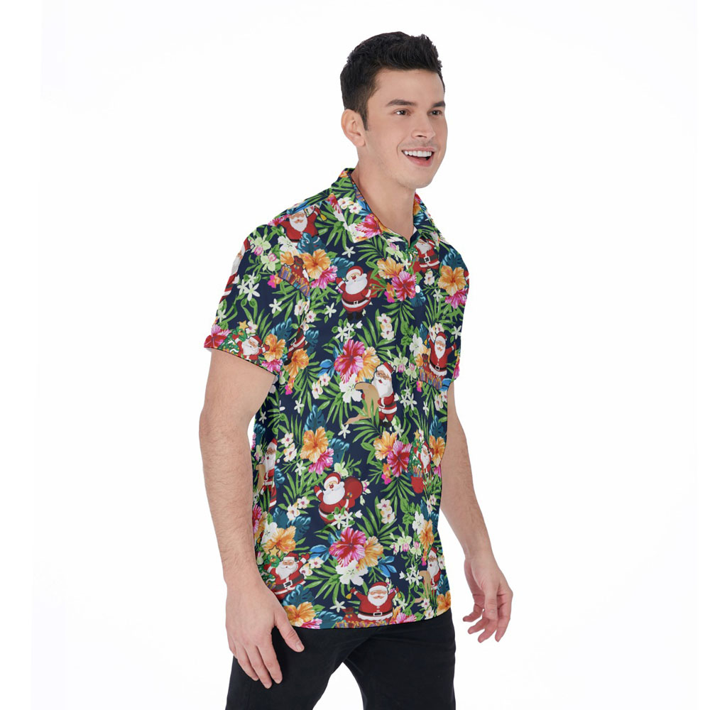 Floral Christmas Santa Claus Hawaiian Polo Shirt