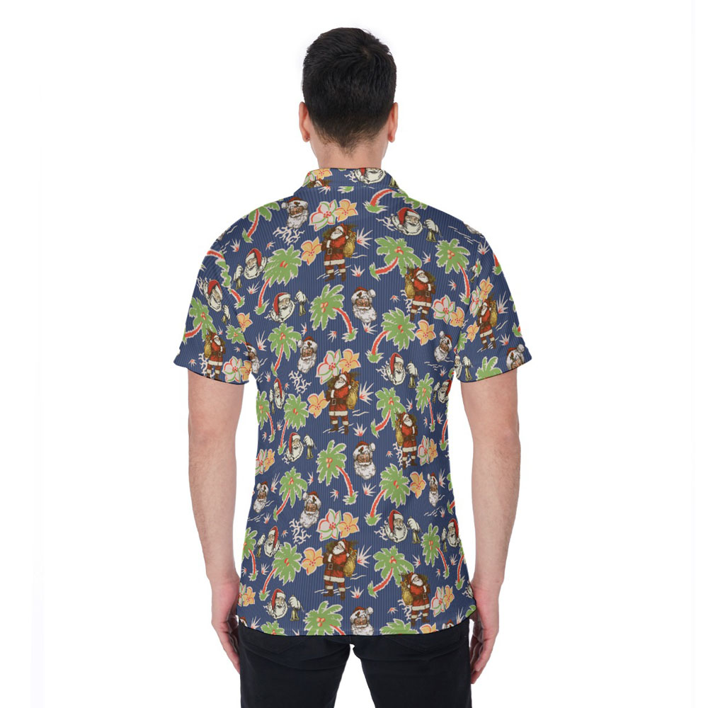 Retro Santa Claus Palm Tree Navy Hawaiian Polo Shirt