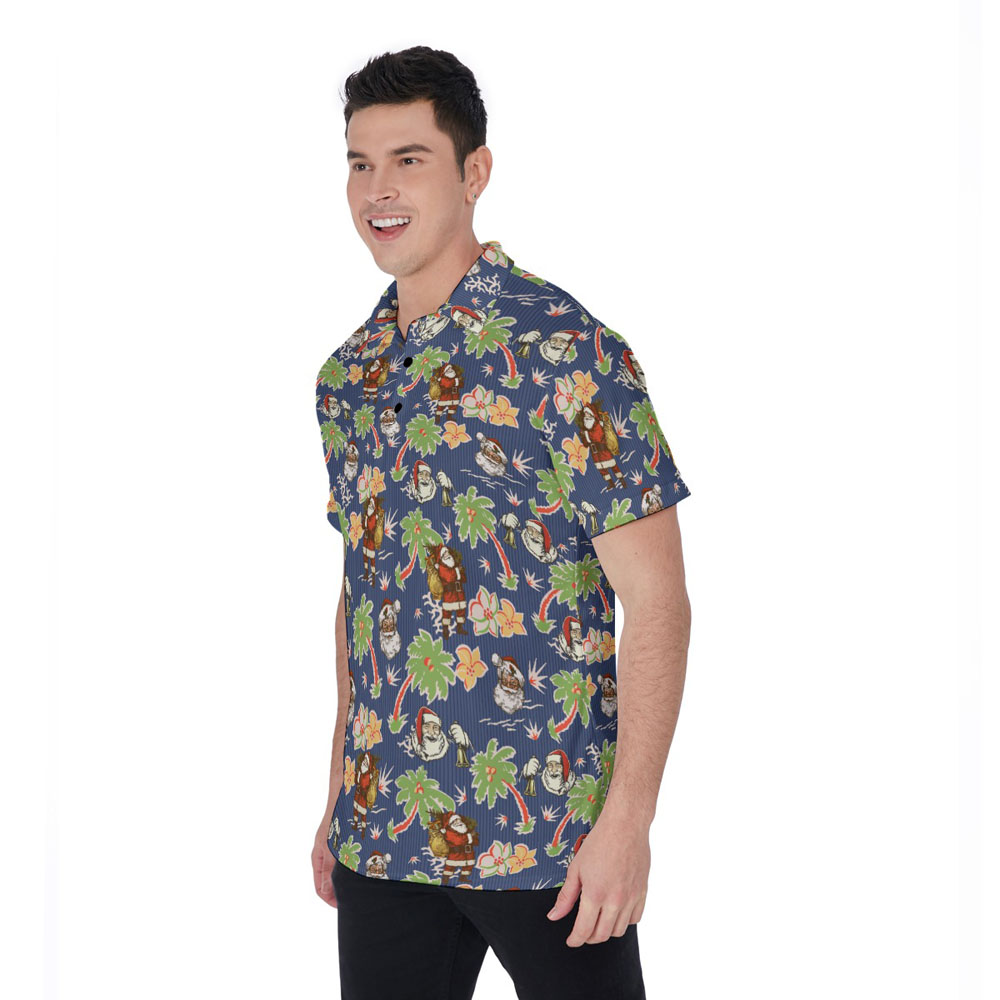 Retro Santa Claus Palm Tree Navy Hawaiian Polo Shirt