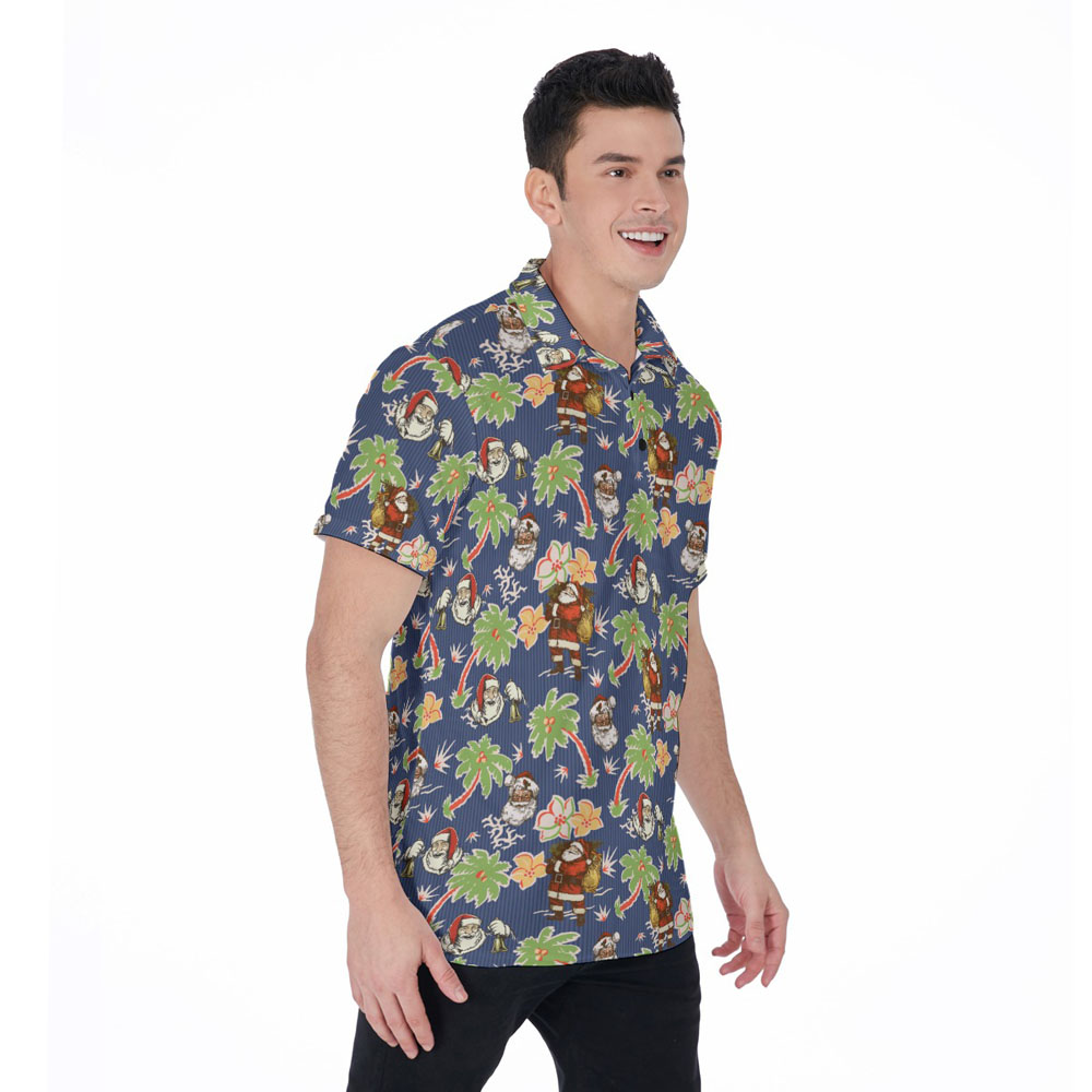 Retro Santa Claus Palm Tree Navy Hawaiian Polo Shirt