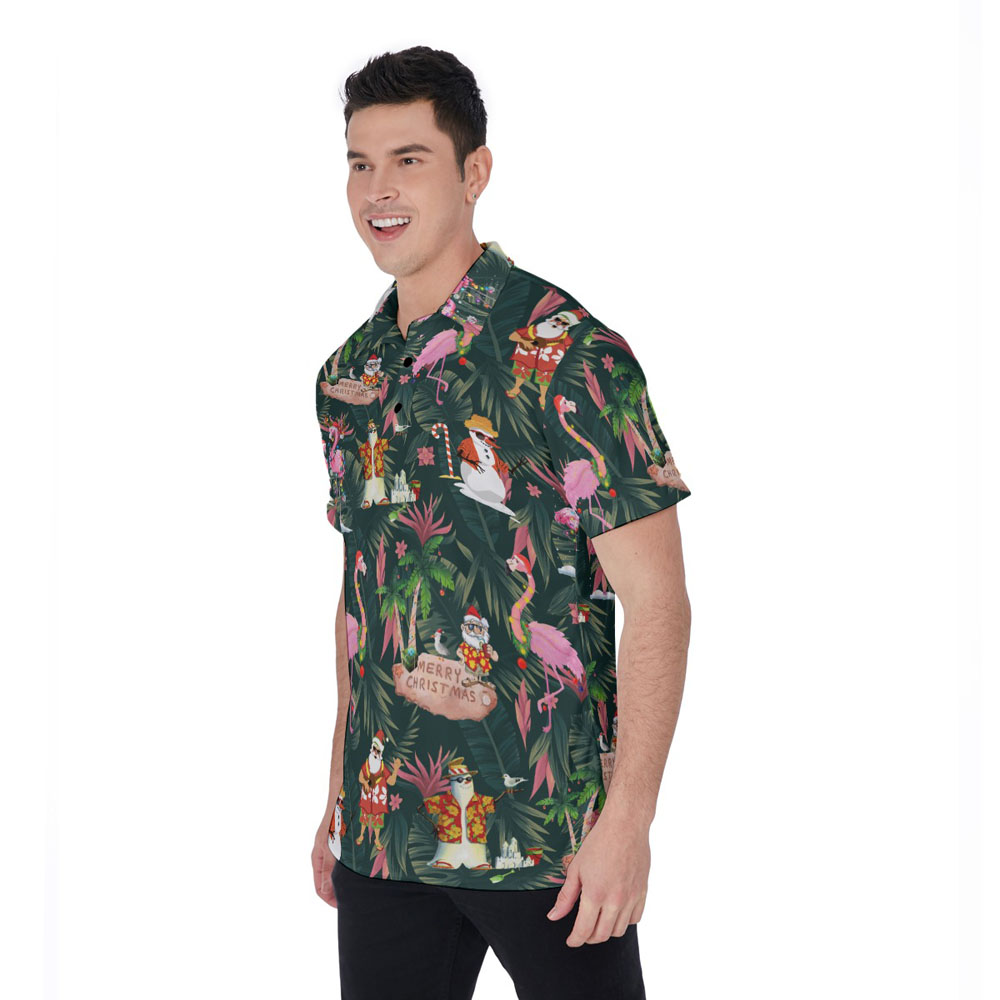Tropical Santa Claus Christmas Flamingo Hawaiian Polo Shirt