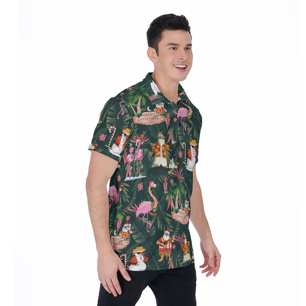 Tropical Santa Claus Christmas Flamingo Hawaiian Polo Shirt