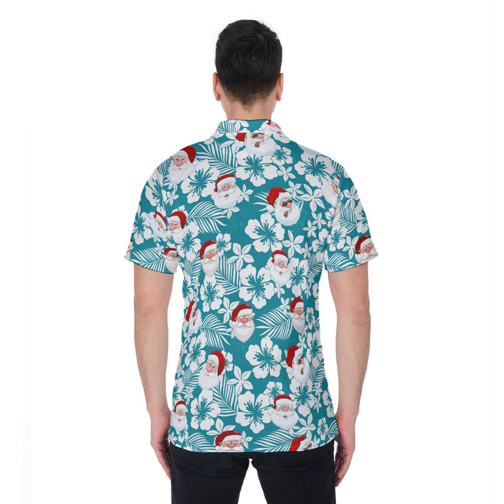 Classic Christmas Santa Claus Blue Hibiscus Hawaiian Polo Shirt