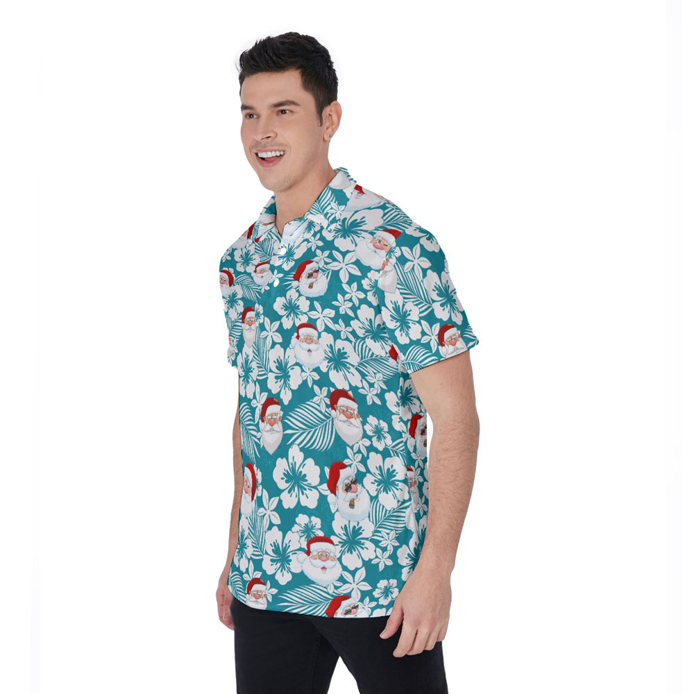 Classic Christmas Santa Claus Blue Hibiscus Hawaiian Polo Shirt