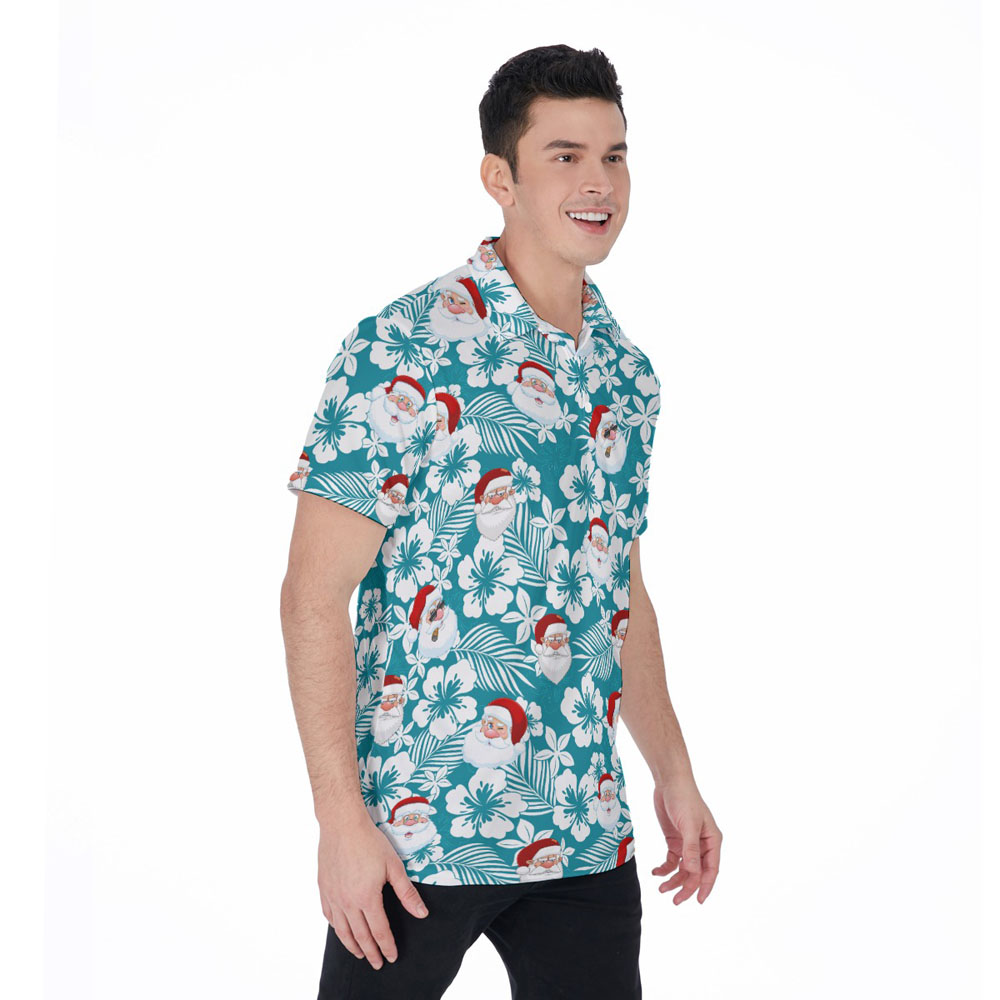 Classic Christmas Santa Claus Blue Hibiscus Hawaiian Polo Shirt