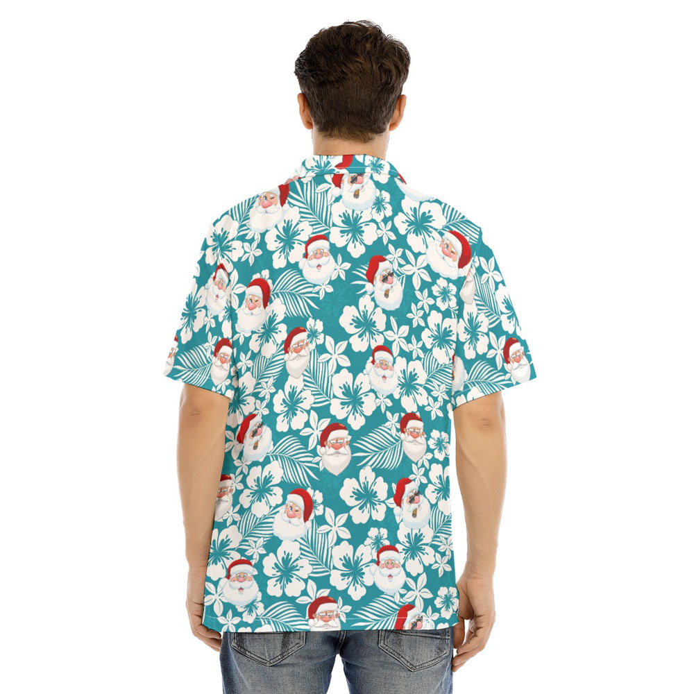 Blue Hibiscus Christmas Santa Hawaiian Shirt