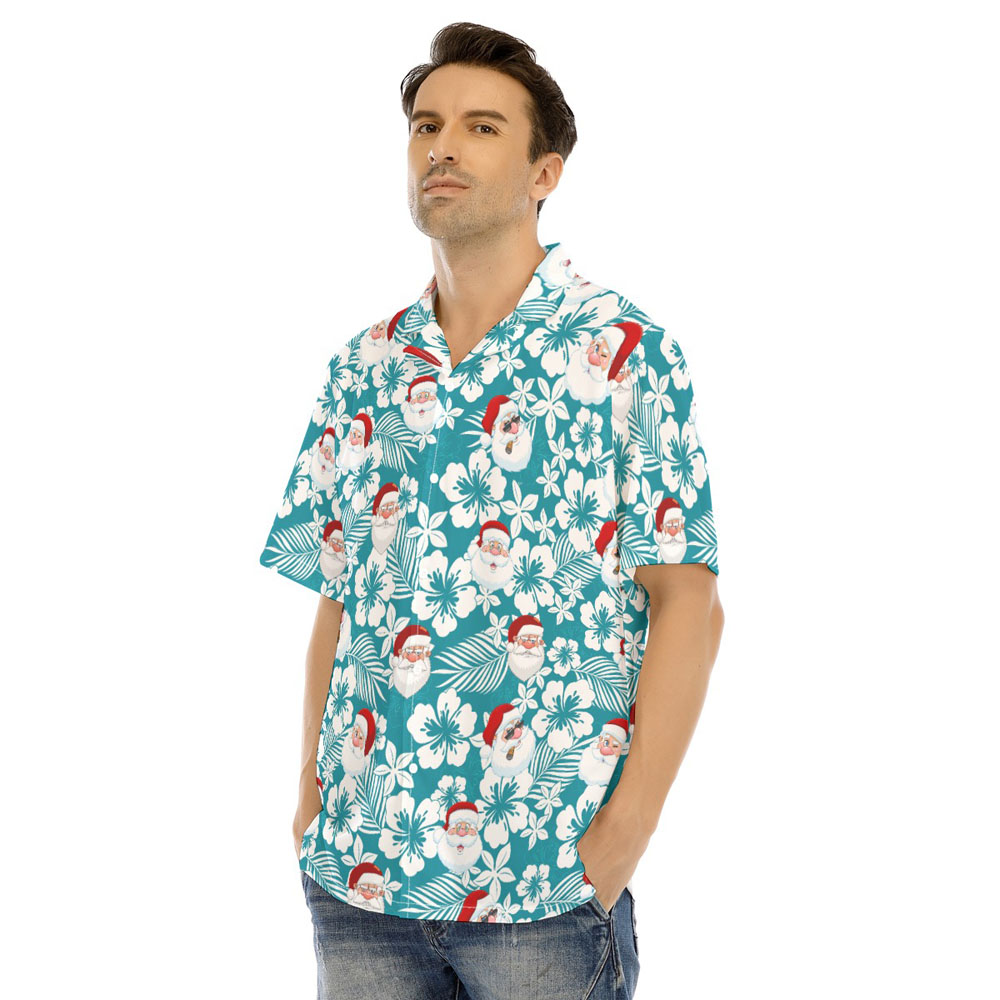 Blue Hibiscus Christmas Santa Hawaiian Shirt