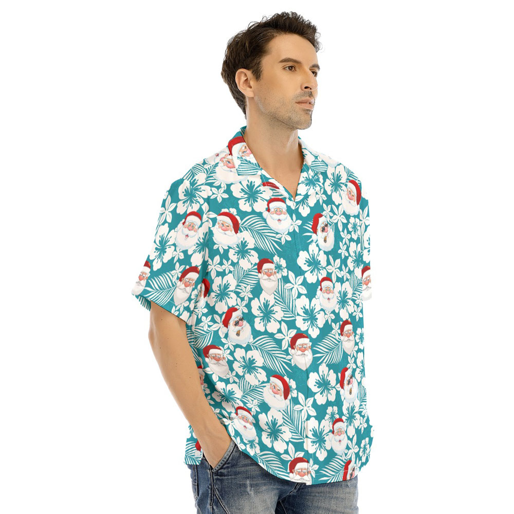 Blue Hibiscus Christmas Santa Hawaiian Shirt