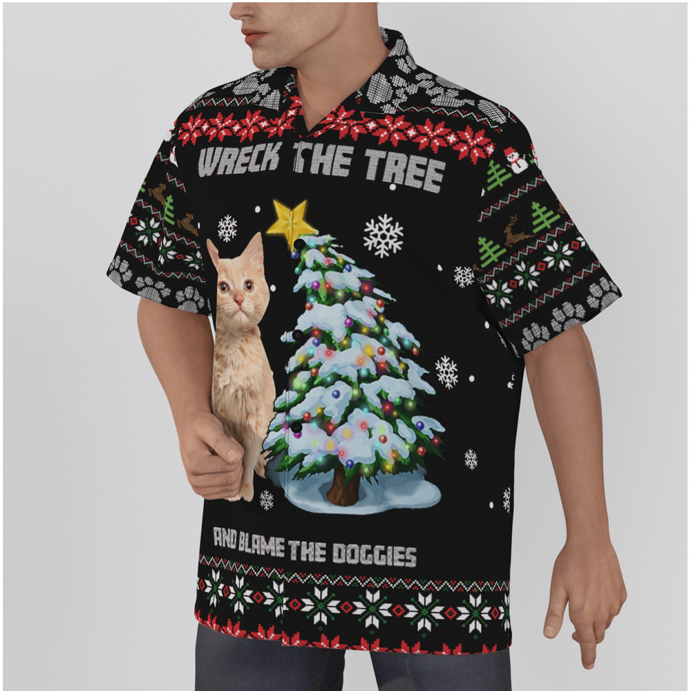 Custom Cat Face Wreck The Tree And Blame The Doggies Ugly Christmas Hawaiian Shirt