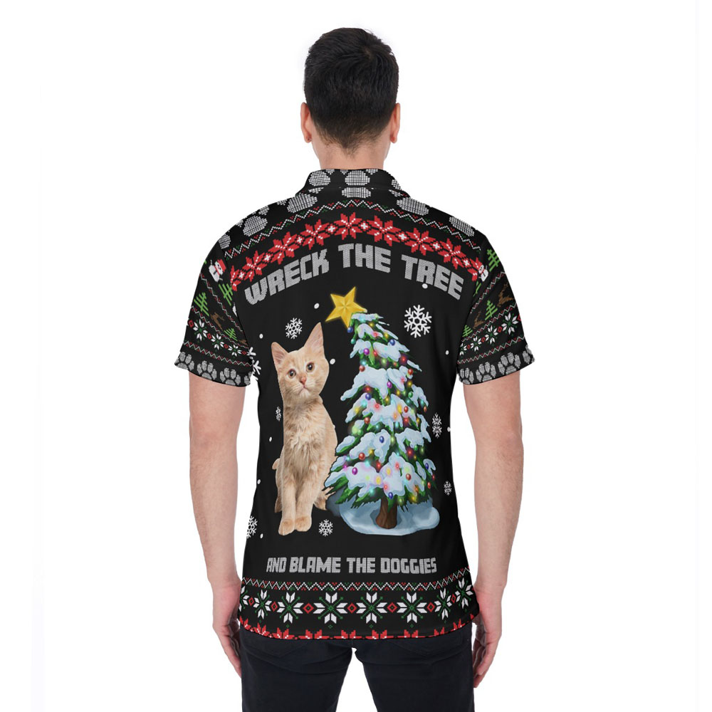 Wreck The Tree And Blame The Doggies Custom Cat Face Ugly Hawaiian Polo Shirt