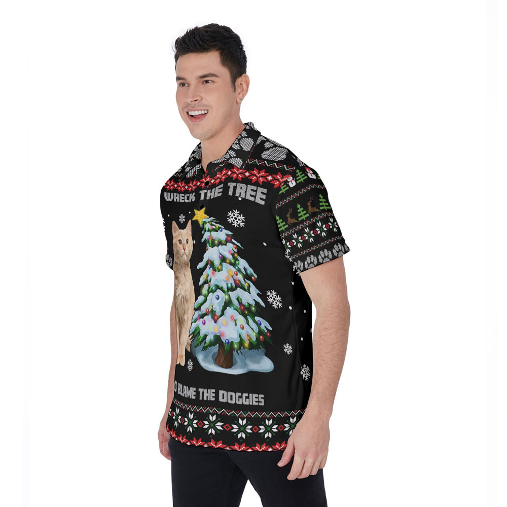 Wreck The Tree And Blame The Doggies Custom Cat Face Ugly Hawaiian Polo Shirt