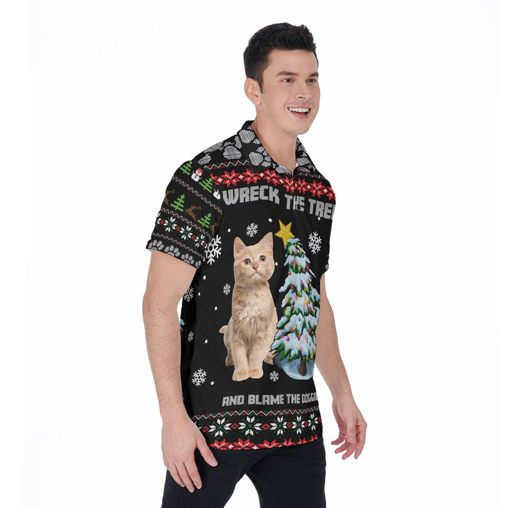 Wreck The Tree And Blame The Doggies Custom Cat Face Ugly Hawaiian Polo Shirt