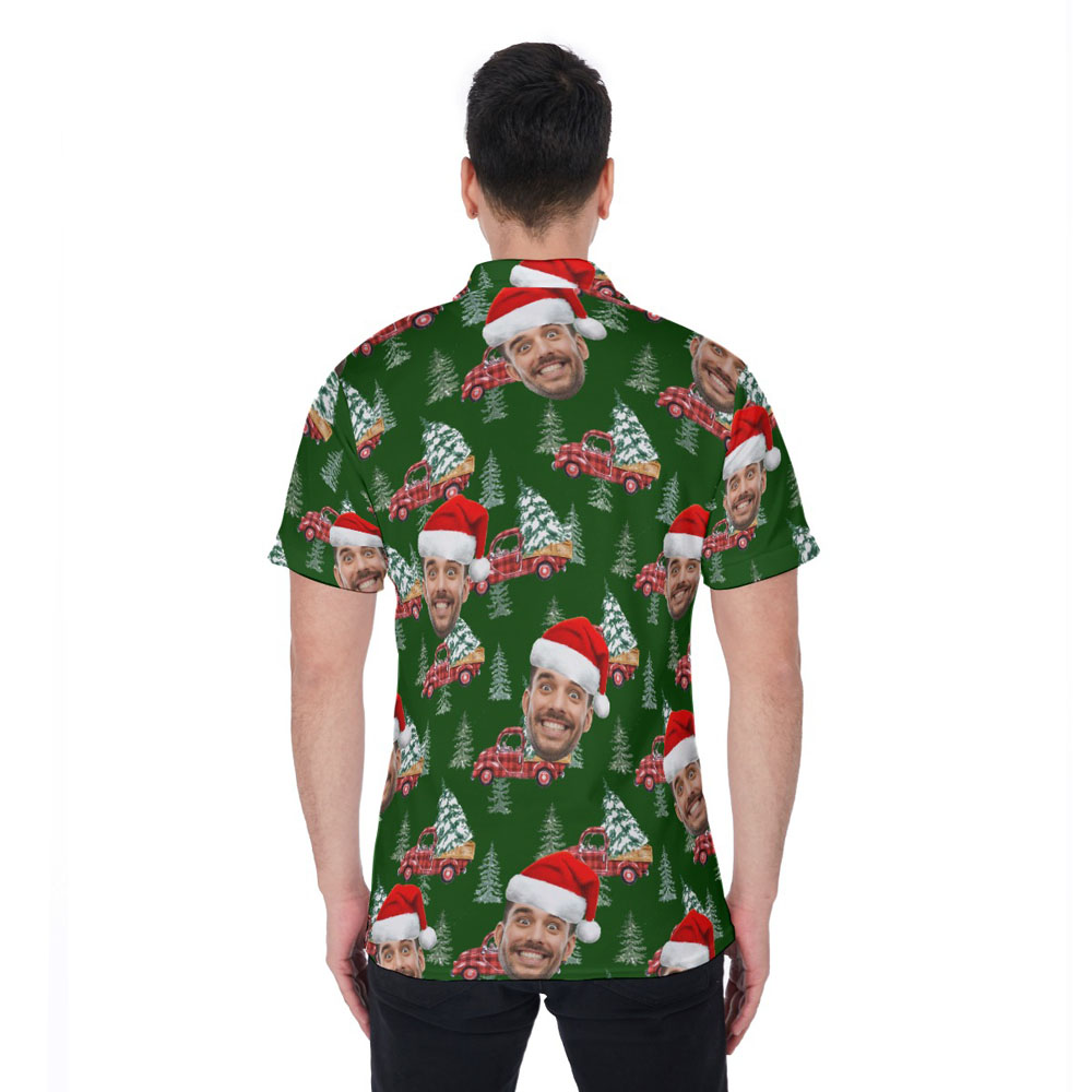 Classic Christmas Car Green Hawaiian Polo Shirt With Custom Face